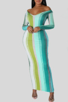 Vestidos de falda de un paso con cuello en U de patchwork con estampado de rayas sexy verde cian
