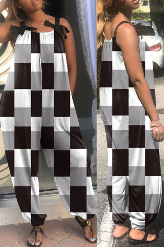 Black White Casual Print Patchwork Spaghetti Strap Loose Jumpsuits