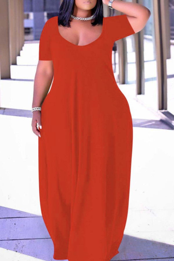 Rose Red Fashion Casual Grote maten effen patchwork jurk met V-hals en korte mouwen