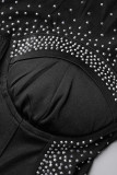 黒のセクシーなパッチワーク ホット ドリル シースルー O ネック長袖ドレス
