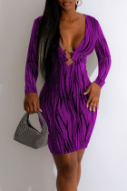 Púrpura sexy patchwork seda brillante cuello pico lápiz falda vestidos
