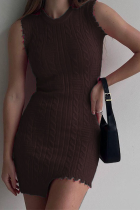 Coffee Sexy Solid Tassel O Neck Pencil Skirt Dresses