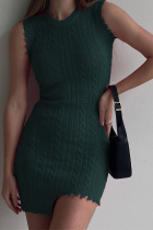 Ink Green Sexy Solid Tassel O Neck Pencil Skirt Dresses