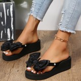 Black Casual Patchwork Beading With Bow Round Comfortable Wedges Shoes (Heel Height 1.97in)