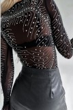 Blusas com decote O transparente em patchwork sexy preto