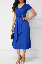 Blaues, lässiges College-Patchwork-Kleid mit V-Ausschnitt und A-Linie