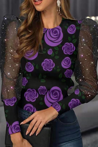 Purple Casual Print Patchwork O Neck Tops