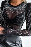 Tops à col rond transparents en patchwork sexy noir