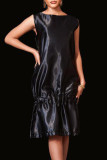 Черные повседневные элегантные однотонные платья в стиле пэчворк со складками и круглым вырезом