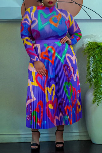 Purple Elegant Print Patchwork Fold O Neck Long Sleeve Two Pieces
