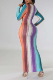 Multicolor sexy gestreepte print patchwork U-hals eenstaps rokjurken