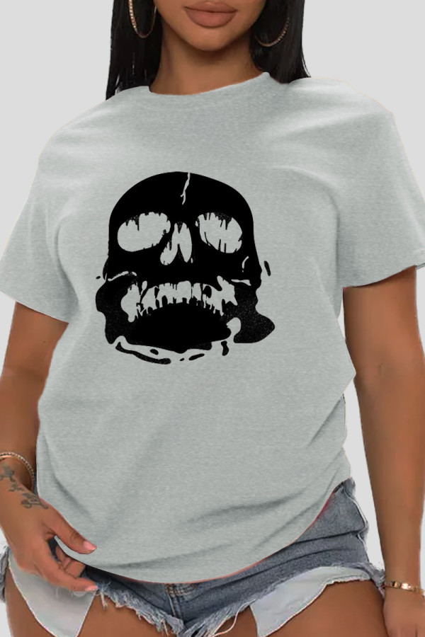 Gråa Daily Vintage Skull Patchwork O-hals T-shirts