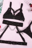 Zwarte sexy stevige uitgeholde patchwork kettingen backless lingerie