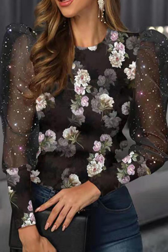 Pink Purple Casual Print Patchwork O Neck Tops