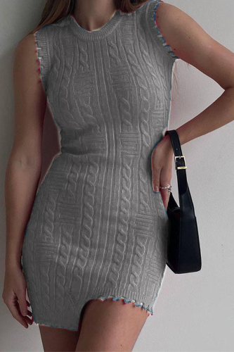 Grey Sexy Solid Tassel O Neck Pencil Skirt Dresses