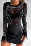 Black Sexy Patchwork Hot Drilling See-through O Neck Tops