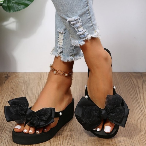Zapatos de cuña cómodos redondos con abalorios de patchwork informales negros con lazo (Altura del tacón 1.97in)