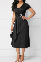 Zwart casual college effen patchwork V-hals A-lijn jurken