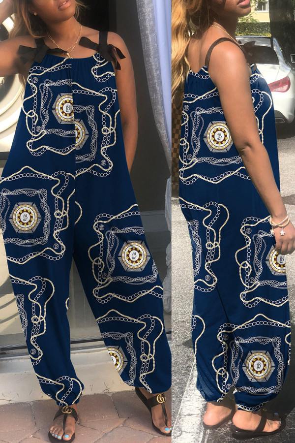 Tibetaans blauwe casual print patchwork losse jumpsuits met spaghettibandjes