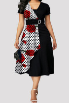 Black White Casual College Print Patchwork V Neck A Line Dresses