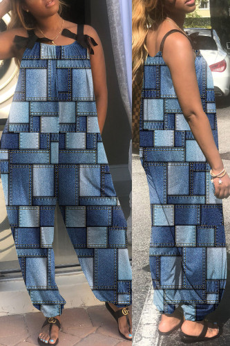 Deep Blue Casual Print Patchwork Spaghetti Strap Loose Jumpsuits