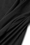 Черные сексуальные повседневные однотонные платья с круглым вырезом и длинными рукавами