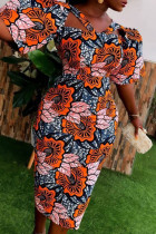 Mandarina elegante estampado patchwork cuello asimétrico falda de un solo paso vestidos
