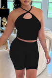 Black Sexy Solid Bandage Backless Halter Sleeveless Two Pieces