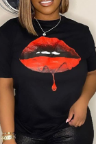 Schwarze, lässige, tägliche, mit Lippen bedruckte Patchwork-T-Shirts mit O-Ausschnitt