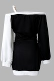 Zwarte casual print basic off-shoulder jurken met lange mouwen