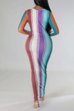 Multicolor Sexy Striped Print Patchwork U Neck One Step Skirt Dresses