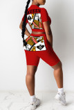 Rouge Casual Street Print Bandage Patchwork O Neck Short Sleeve Two Pieces
