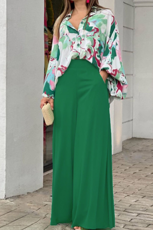パープルグリーンファッションカジュアルプリントパッチワークバックルターンダウンカラー長袖ツーピース