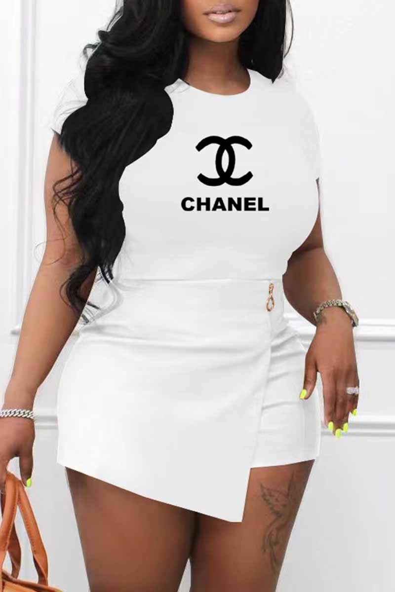 

White Casual Print Letter O Neck Short Sleeve Two Pieces
