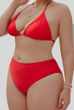 Red Sexy Print Bandage Patchwork V Neck Plus Size Swimwear