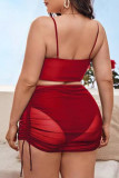 Red Sexy Solid Patchwork See-through Fold Spaghetti Strap Plus Size Swimwear (Three Pieces)
