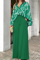 Бело-зеленый модный повседневный принт в стиле пэчворк с отложным воротником и пряжкой с длинным рукавом из двух частей