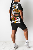 Noir Casual Street Print Bandage Patchwork O Neck Short Sleeve Two Pieces