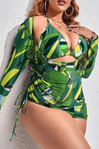 Grönt sexigt tryck Patchwork Grimma Plus Size Badkläder (tre delar)