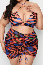 Colour Sexy Print Patchwork Halter Plus Size Swimwear (Three Pieces)