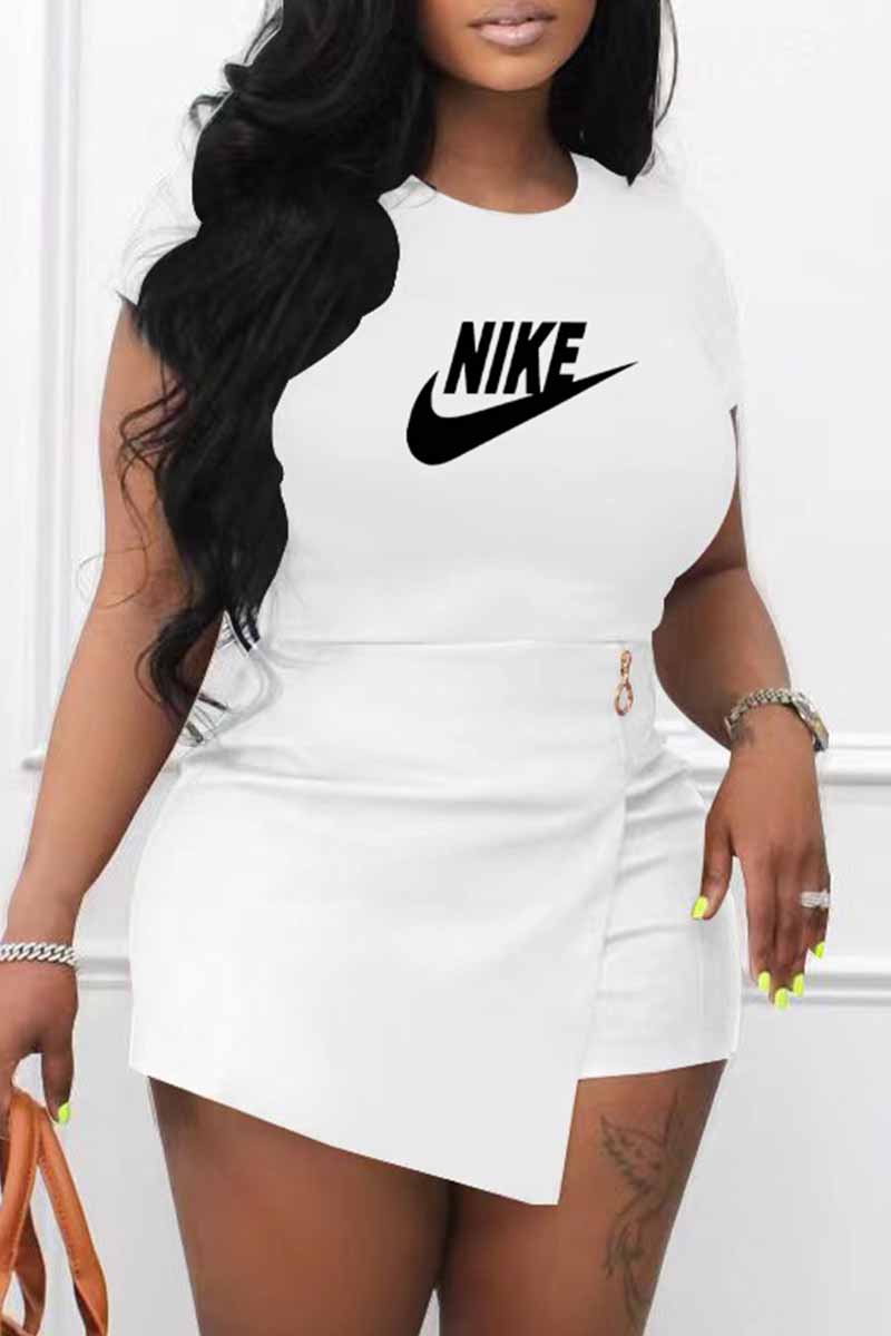 

White Casual Print Letter O Neck Short Sleeve Two Pieces