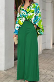 Roxo verde moda casual estampa patchwork fivela gola manga longa duas peças