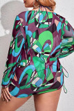 Grönt sexigt tryck Patchwork Grimma Plus Size Badkläder (tre delar)