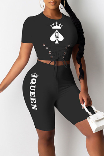 Black Casual Street Print Bandage Patchwork O Neck Short Sleeve Two Pieces