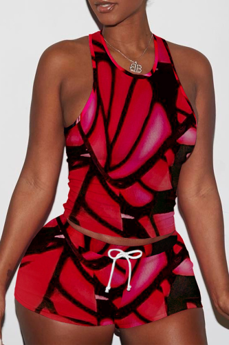 Red Street Print Patchwork O Neck Sleeveless Two Pieces