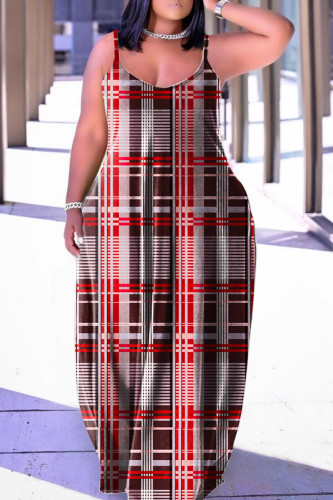Red Casual Street Print Patchwork Spaghetti Strap Lantern Skirt Plus Size Dresses