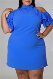 Rose Red Fashion Casual Plus Size Solid Hollowed Out Turtleneck Short Sleeve Dress