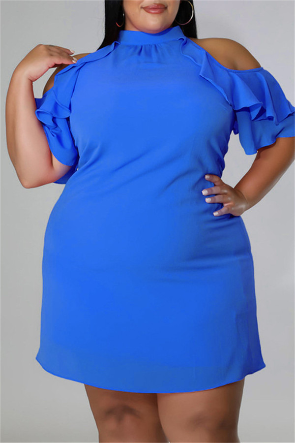 Светло-голубое модное повседневное платье большого размера с короткими рукавами и водолазкой большого размера