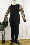 Черный Повседневный принт с леопардовым принтом и круглым вырезом в стиле пэчворк Плюс размер Из двух частей
