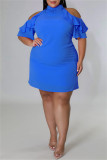 Light Blue Fashion Casual Plus Size Solid Hollowed Out Turtleneck Short Sleeve Dress